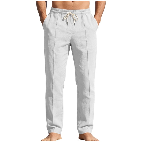 Xzbqbs Men's Linen Blend Beach Pants Drawstring Waist Straight Leg Trousers for Men