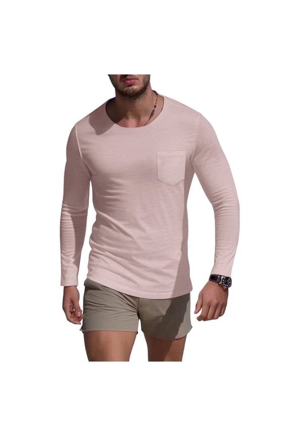 Men's Long Sleeve Pure Cotton T-Shirt Crewneck Pocket Tee Longline Casual Lightweight Fall Basic Shirts Muscle Fit Shirts