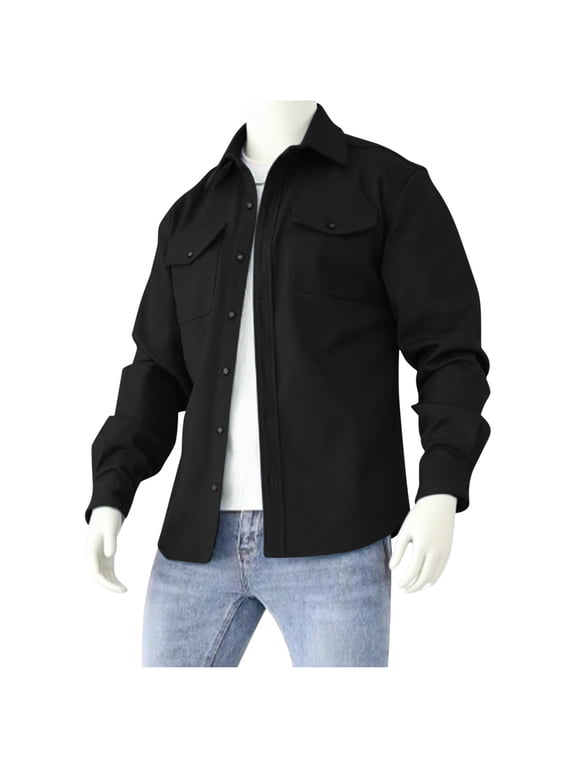 Men's Vintage Cotton Jacket Casual Button Down Lapel Thickened Warm Coat Polo Collared Solid Color Jacket with Pocket