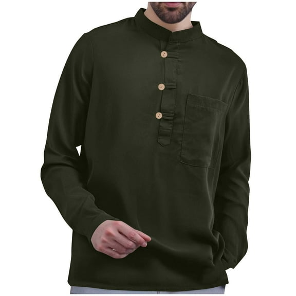 Xzbqbs Men's Vintage Long Sleeve Shirts Casual Loose Fashion Button Down Pullover Tops Solid Stand Collar Shirts with Pocket