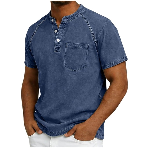 Xzbqbs Men's Washed Denim Stand Collar Shirt Short Sleeve Half Button Summer Casual Tops Solid Color Lightweight Fashion Wear Tunics with Pockets