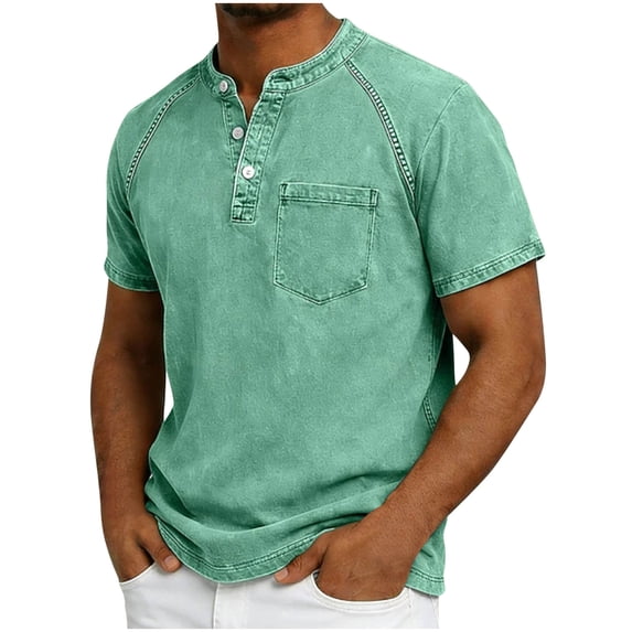 Xzbqbs Men's Washed Denim Stand Collar Shirt Short Sleeve Half Button Summer Casual Tops Solid Color Lightweight Fashion Wear Tunics with Pockets