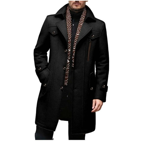 Xzbqbs Men's Wool Blend Coat Warm Winter Trench Coat with Detachable Soft Scarf Single Breasted Pea Coat Fashion Jackets for Men