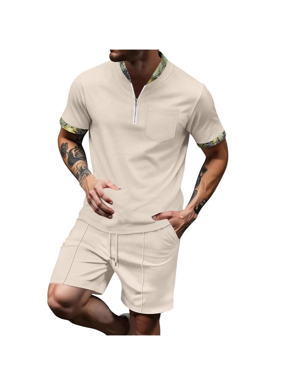 Mens 2 Piece Outfits Waffle Knit Sets Short Sleeve Sweatsuit 1/4 Zip Shirts Matching Shorts Summer Loungewear Set for Men