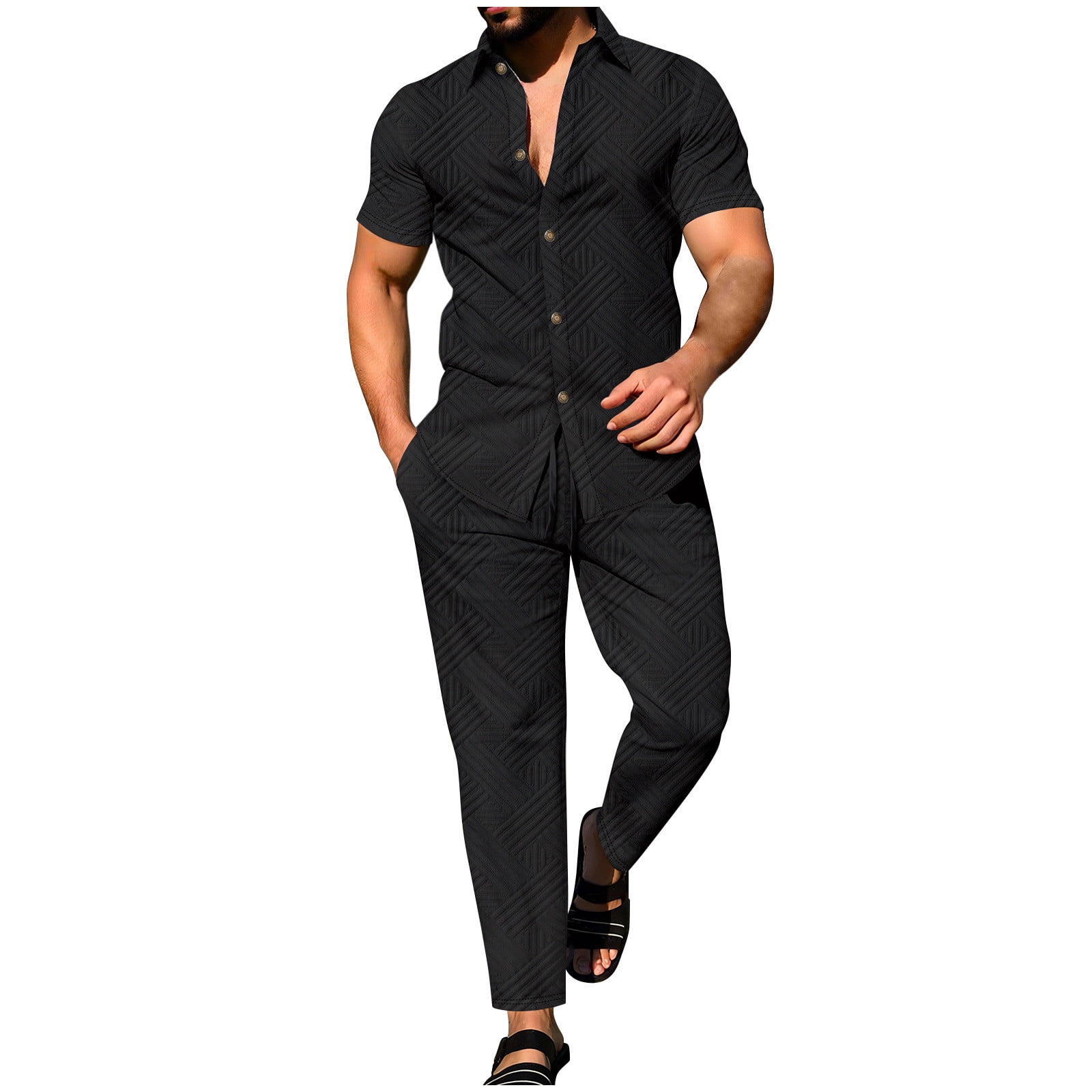 Men's Plus Size Button Down Short Sleeve Top and Shorts Set main image 1