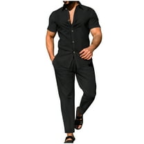 Xzbqbs Mens 2 Piece Set Casual Button Down Shirt Short Sleeve Polo Shirts and Elastic Waist Drawstring Pants Vacation Sets for Men