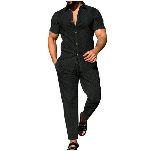 Xzbqbs Mens 2 Piece Set Casual Button Down Shirt Short Sleeve Polo Shirts and Elastic Waist Drawstring Pants Vacation Sets for Men