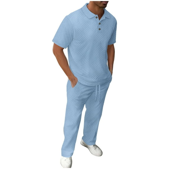 Xzbqbs Mens 2 Piece Set Casual Button Short Sleeve Golf Polo Shirts and Elastic Waist Drawstring Pants Fashion Vacation Sets for Men