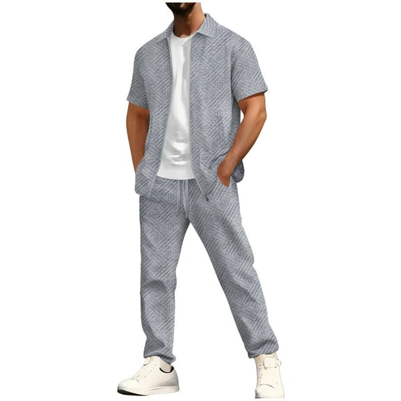 Xzbqbs Mens 2 Piece Set Casual Zip Up Shirt Short Sleeve Polo Shirts and Elastic Waist Drawstring Pants Fashion Vacation Sets for Men