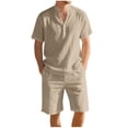 thumbnail image 1 of Xzbqbs Mens 2 Pieces Linen Set Casual Henley Shirts Short Sleeve Matching Elastic Waist Drawstring Shorts Summer Beach Yoga Outfits, 1 of 7