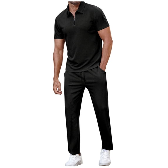 Xzbqbs Mens 2 Pieces Sets Outfits 1/4 Zip Shirt Short Sleeve and Elastic Waist Drawstring Pants Set Casual Fashion Summer Tracksuits