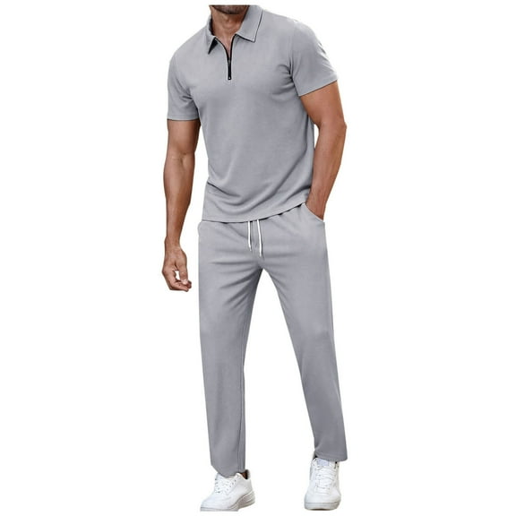 Xzbqbs Mens 2 Pieces Sets Outfits 1/4 Zip Shirt Short Sleeve and Elastic Waist Drawstring Pants Set Casual Fashion Summer Tracksuits