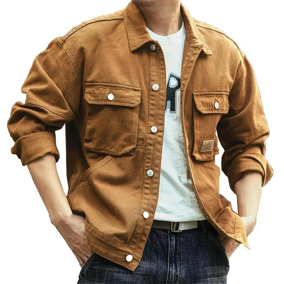Xzbqbs Mens Casual Denim Jacket Western Cowboy Long Sleeve Solid Button Down Lapel Shacket Classic Fit Vintage Jacket with Pockets
