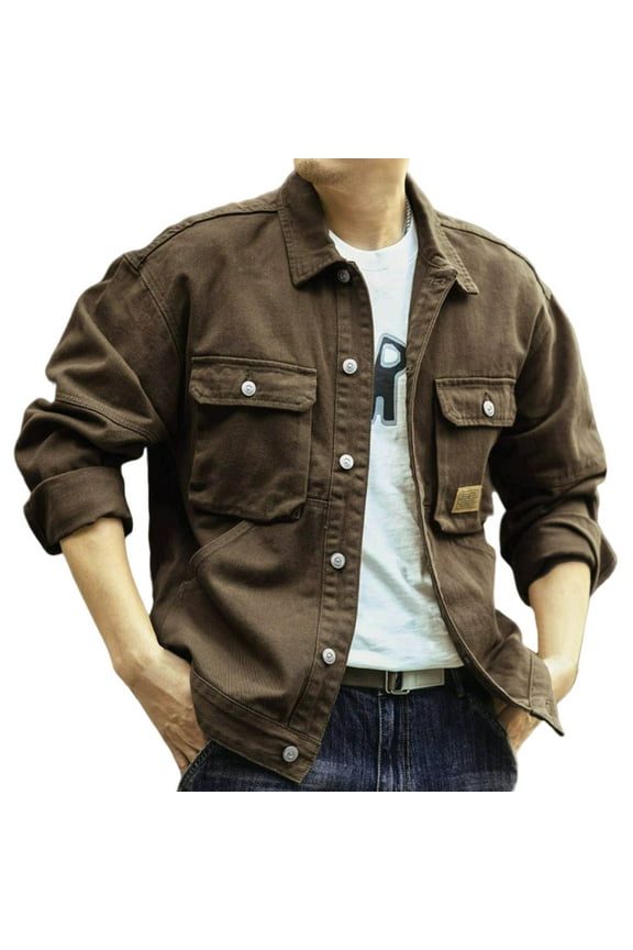 Mens Casual Denim Jacket Western Cowboy Long Sleeve Solid Button Down Lapel Shacket Classic Fit Vintage Jacket with Pockets