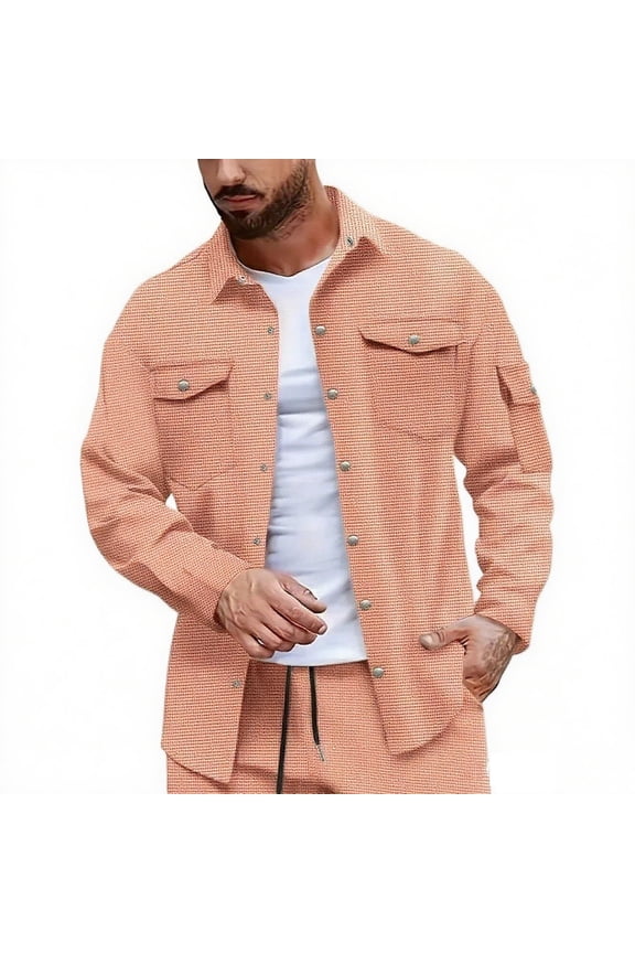 Mens Casual Jacket Waffle Button Down Jacket Classic Lapel Jackets Collared Quilted Shacket Lightweight Jacket with Pockets