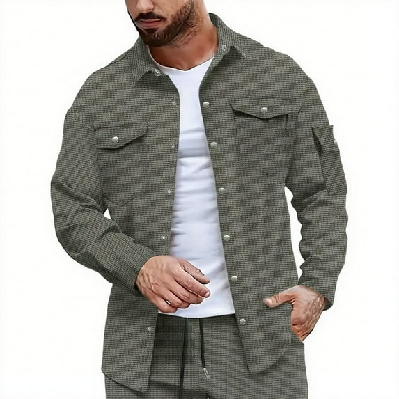 Xzbqbs Mens Casual Jacket Waffle Button Down Jacket Classic Lapel Jackets Collared Quilted Shacket Lightweight Jacket with Pockets