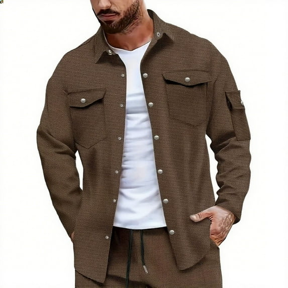 Xzbqbs Mens Casual Jacket Waffle Button Down Jacket Classic Lapel Jackets Collared Quilted Shacket Lightweight Jacket with Pockets