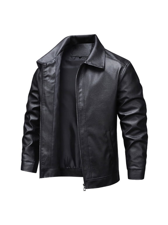 Mens Casual Leather Jacket Casual Vintage Full Zip Up Motorcycle Jackets Lightweight Classic PU Faux Leather Lapel Jacket