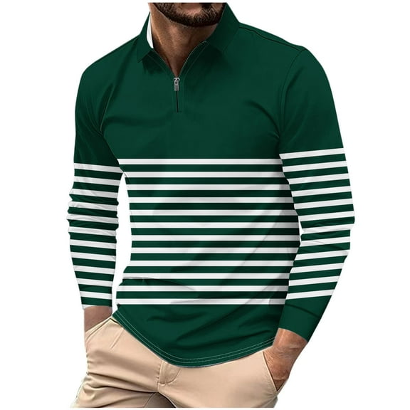 Xzbqbs Mens Casual Long Sleeve Polo Shirt Quarter Zip Slim Fit Lightweight Pullover Striped Printed Lapel Tops Summer Shirts