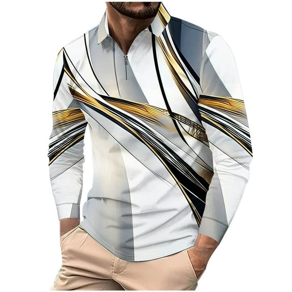 Xzbqbs Mens Casual Long Sleeve Polo Shirt Quarter Zipper Printed Lapel Pullover Tops Classic Fit Fashion Soft Golf Shirts for Men