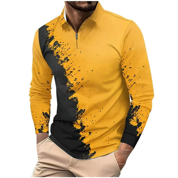 Xzbqbs Mens Casual Long Sleeve Polo Shirt Quarter Zipper Printed Lapel Pullover Tops Classic Fit Fashion Soft Golf Shirts for Men