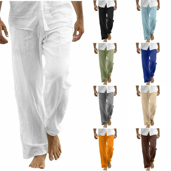 Xzbqbs Mens Casual Pants Cotton Linen Drawstring Elastic Waist Straight Pants Fashion Loose Fit Summer Beach Yogo Pants with Pockets
