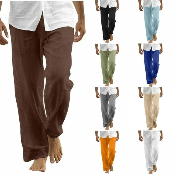 Xzbqbs Mens Casual Pants Cotton Linen Drawstring Elastic Waist Straight Pants Fashion Loose Fit Summer Beach Yogo Pants with Pockets