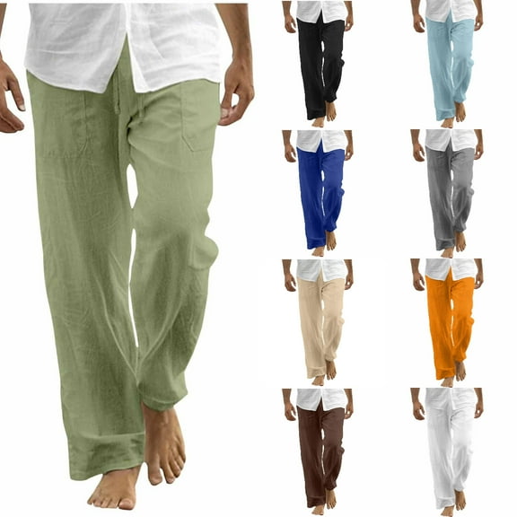 Xzbqbs Mens Casual Pants Cotton Linen Drawstring Elastic Waist Straight Pants Fashion Loose Fit Summer Beach Yogo Pants with Pockets
