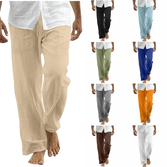 Xzbqbs Mens Casual Pants Cotton Linen Drawstring Elastic Waist Straight Pants Fashion Loose Fit Summer Beach Yogo Pants with Pockets
