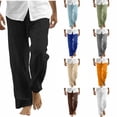 thumbnail image 1 of Xzbqbs Mens Casual Pants Cotton Linen Drawstring Elastic Waist Straight Pants Fashion Loose Fit Summer Beach Yogo Pants with Pockets, 1 of 6