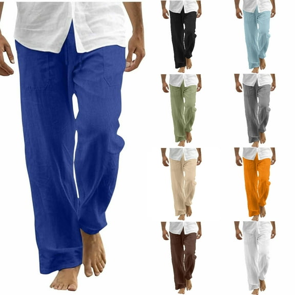 Xzbqbs Mens Casual Pants Cotton Linen Drawstring Elastic Waist Straight Pants Fashion Loose Fit Summer Beach Yogo Pants with Pockets