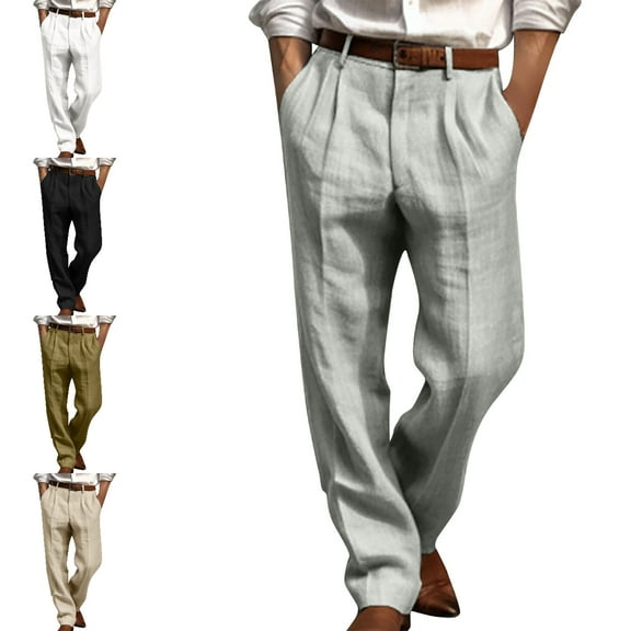 Xzbqbs Mens Casual Pants Double Pleated Front Pocket Straight Wide Leg Pants Loose Fit Breathable Lightweight Summer Beach Pants