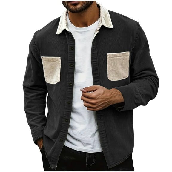 Xzbqbs Mens Corduroy Jacket Button Down Shirt Jacket Fashion Long Sleeve Slim Fit Lapel Jacket Coat Lightweight Quilted Shacket
