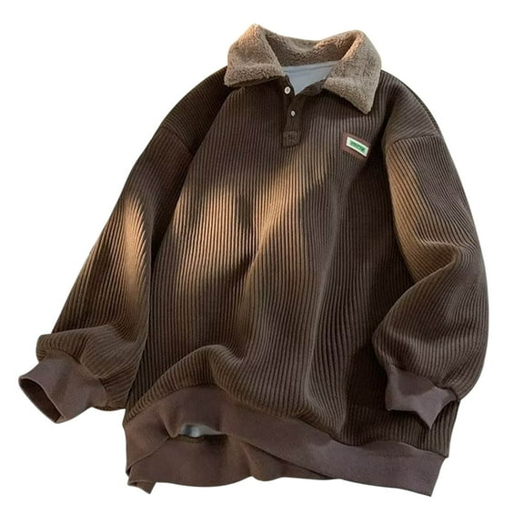 Xzbqbs Mens Corduroy Polo Sweatshirts Casual Fleece Lined Thermal Lapel Pullovers Long Sleeve Lightweight Color Block Sweatshirts