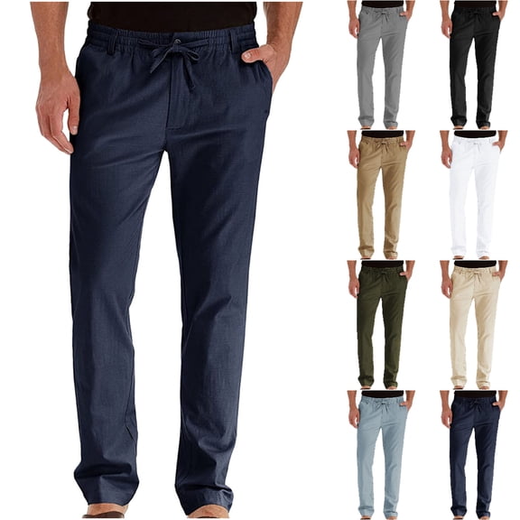 Xzbqbs Mens Cotton Casual Lightweight Pants Elastic Waist Drawstring Tapered Sweatpants Summer Yoga Beach Long Pants with Pockets