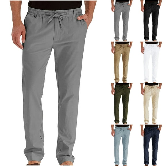 Xzbqbs Mens Cotton Casual Lightweight Pants Elastic Waist Drawstring Tapered Sweatpants Summer Yoga Beach Long Pants with Pockets