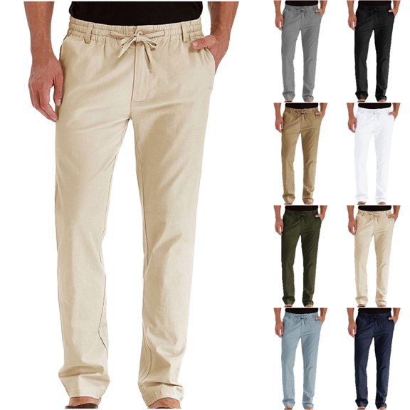 Xzbqbs Mens Cotton Casual Lightweight Pants Elastic Waist Drawstring Tapered Sweatpants Summer Yoga Beach Long Pants with Pockets
