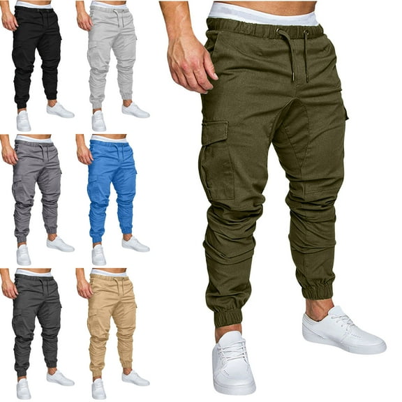 Xzbqbs Mens Cotton Joggers Pants Casual Elastic Drawstring Lightweight Cargo Pants Tapered Slim Fit Hiking Outdoor Track Sweatpants