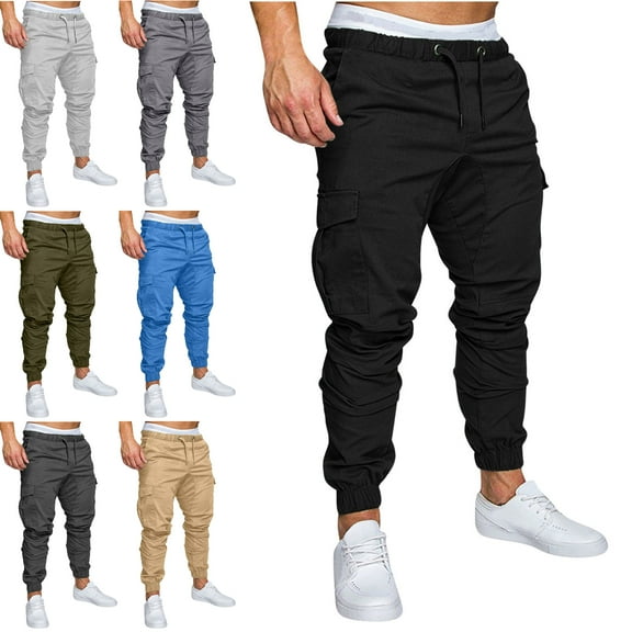 Xzbqbs Mens Cotton Joggers Pants Casual Elastic Drawstring Lightweight Cargo Pants Tapered Slim Fit Hiking Outdoor Track Sweatpants