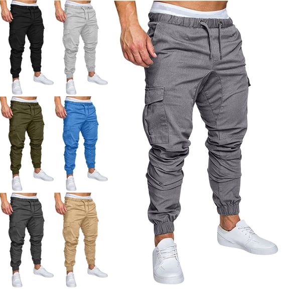 Xzbqbs Mens Cotton Joggers Pants Casual Elastic Drawstring Lightweight Cargo Pants Tapered Slim Fit Hiking Outdoor Track Sweatpants