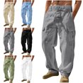 thumbnail image 1 of Xzbqbs Mens Cotton Linen Cargo Pants Casual Elastic Waist Drawstring Pants Loose Fit Summer Beach Yoga Travel Pants with Pocket, 1 of 6