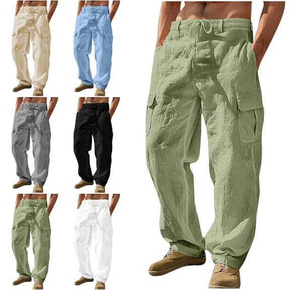 Xzbqbs Mens Cotton Linen Cargo Pants Casual Elastic Waist Drawstring Pants Loose Fit Summer Beach Yoga Travel Pants with Pocket
