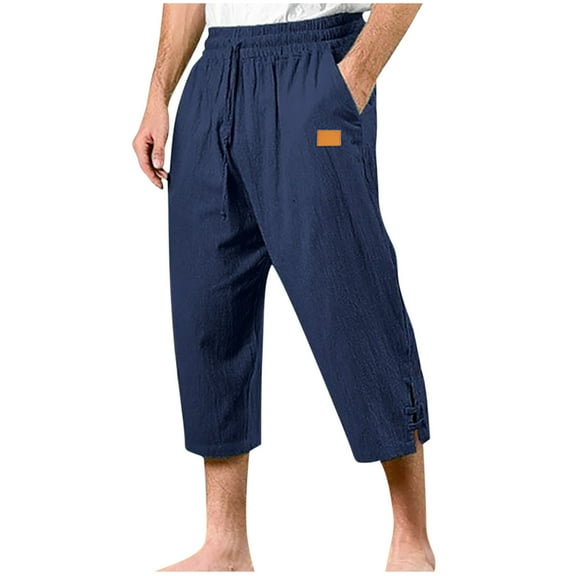 Xzbqbs Mens Cotton Linen Harem Capri Pants Casual Light Loose Breathable 3/4 Pants Drawstring Elastic Waist Summer Beach Yoga Pants