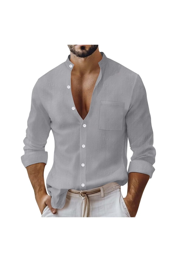 Mens Cotton Linen Henley Shirts Casual Long Sleeve Solid Color Button Down Pullover Lightweight Slim Shirts with Pocket