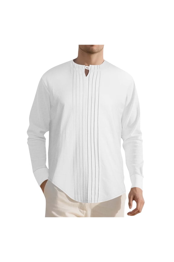 Mens Cotton Linen Shirts Casual Slim Fit Button Pullover Tops Fashion Lightweight Solid Color Crew Neck Shirts for Men