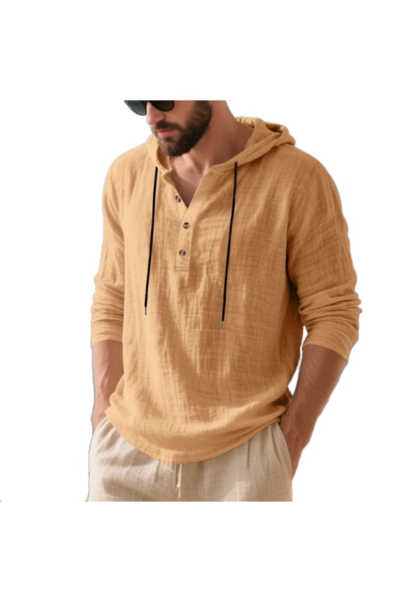 Mens Cotton Linen Shirts Slim Fit Button Drawstring Casual Hooded Pullover Tops Fashion Lightweight Solid Color Shirts