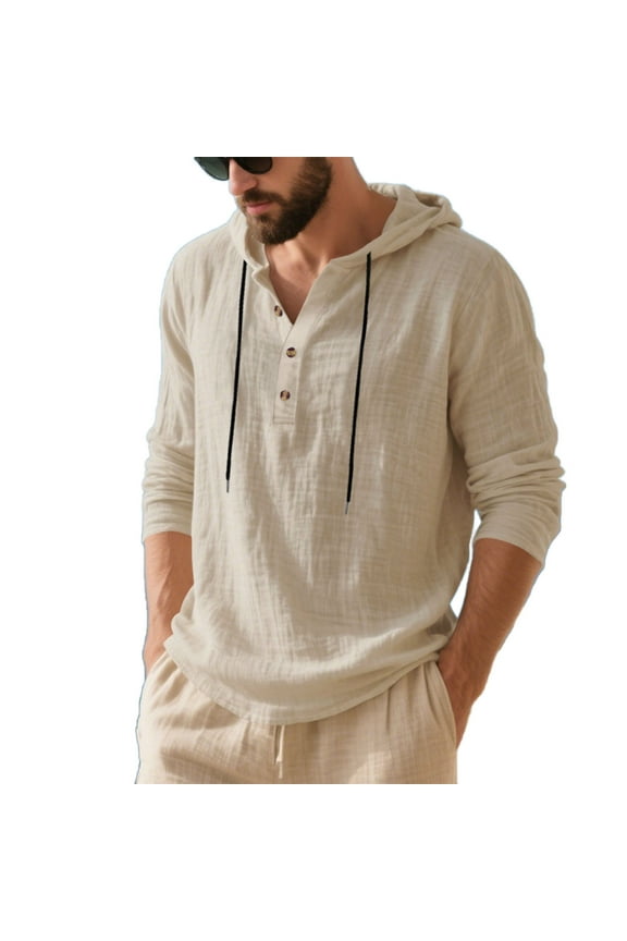 Mens Cotton Linen Shirts Slim Fit Button Drawstring Casual Hooded Pullover Tops Fashion Lightweight Solid Color Shirts