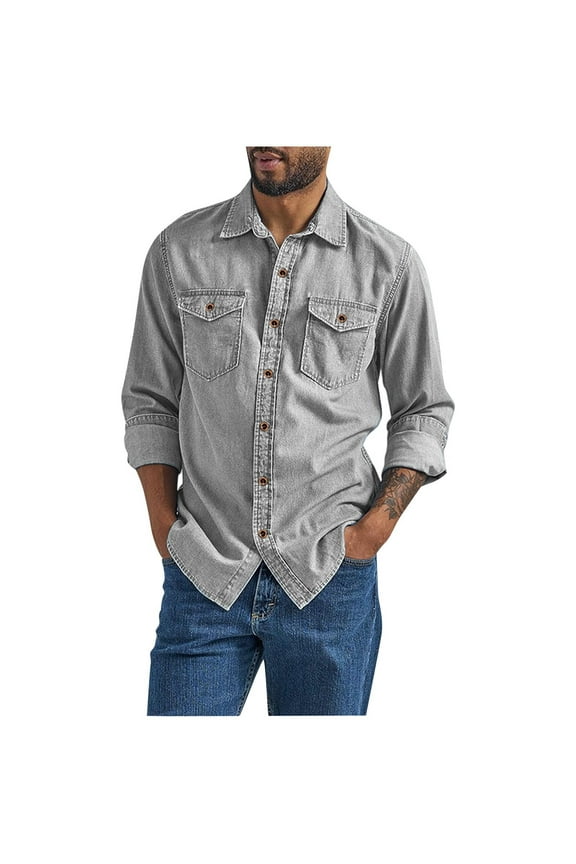 Mens Denim Shirt Casual Long Sleeve Jean Work Shirts Regular Fit Button Down Shirts Lightweight Lapel Shirts with Pockets