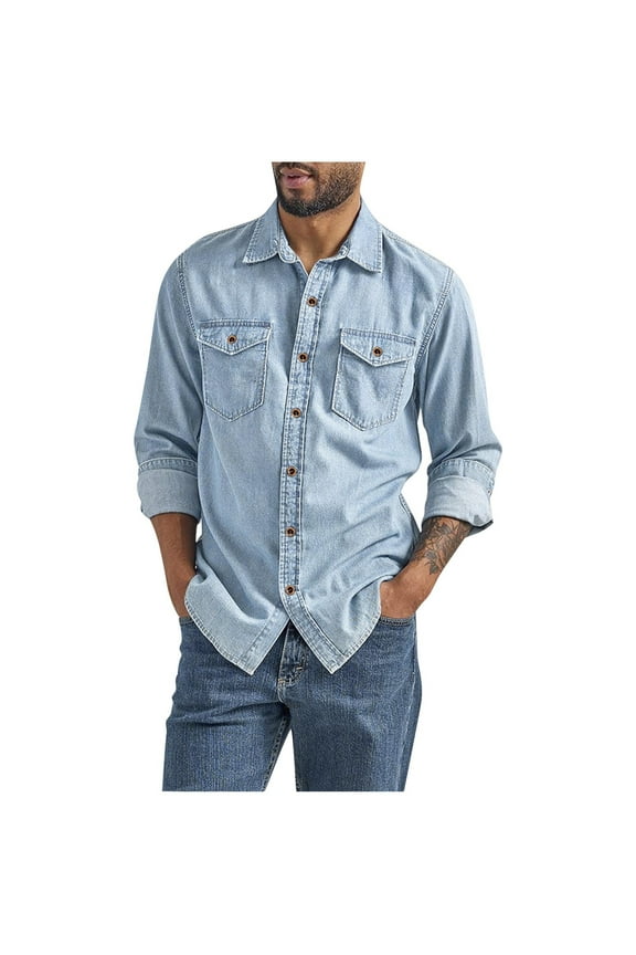 Mens Denim Shirt Casual Long Sleeve Jean Work Shirts Regular Fit Button Down Shirts Lightweight Lapel Shirts with Pockets