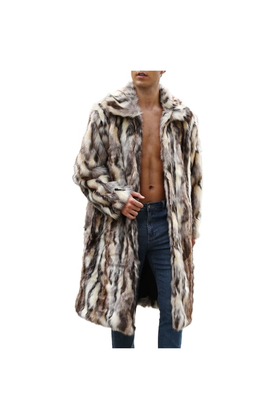 Mens Faux Fur Coat Winter Long Fleece Jacket Luxury Fluffy Lapel Long Sleeve Parka Overcoat Warm Open Front Cardigan Jackets